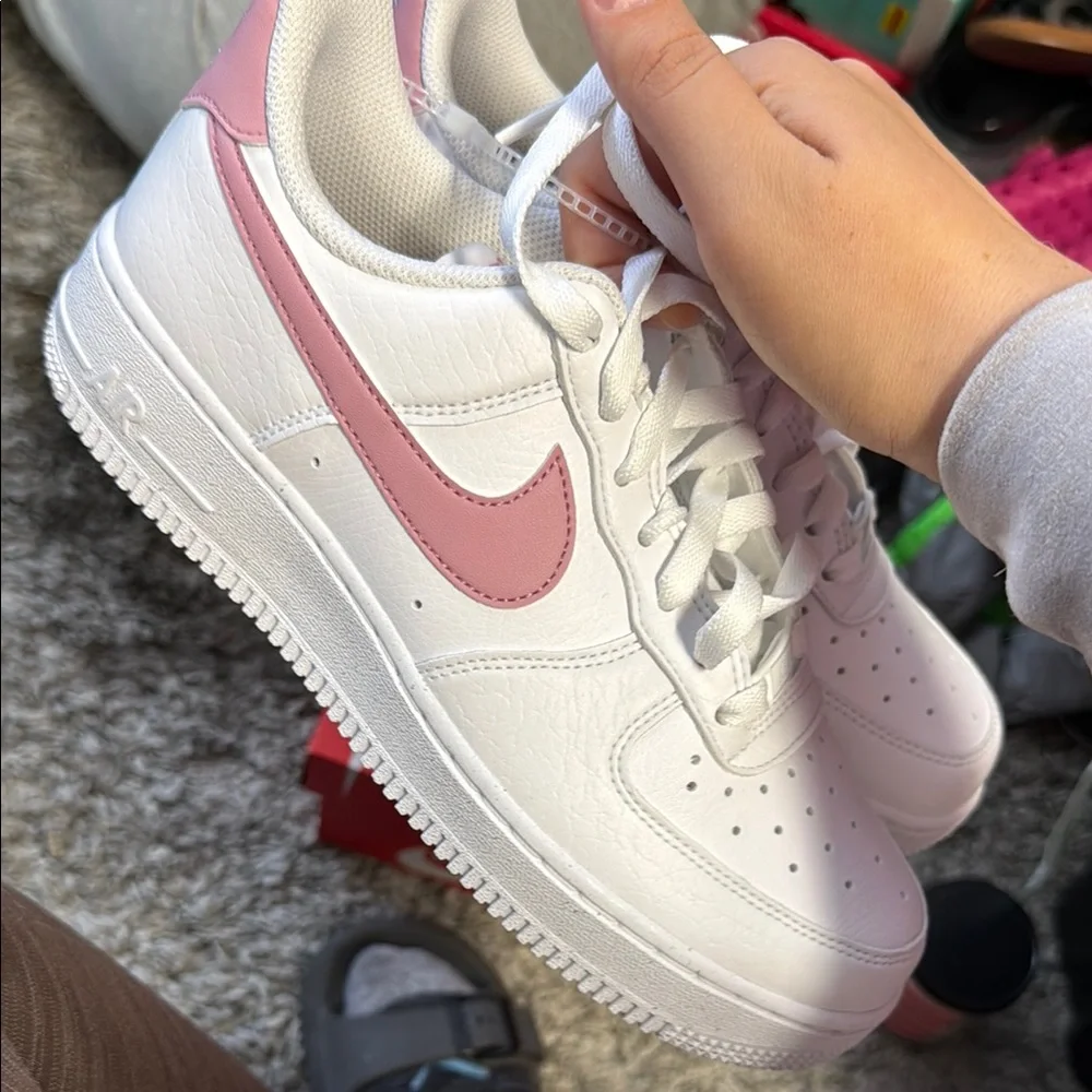 Nike White and Pink Air Force 1 Sneakers Classic Design - Picture 3 of 4